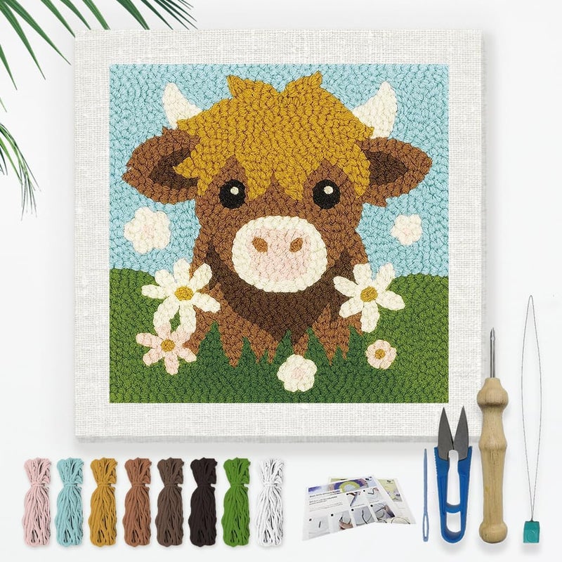 DOODLREAM Highland Cow DIY Punch Needle Embroidery Kit for Adult Beginner, 9.4" Highland Cow Animal Punch Stitching Craft Set for Starter with Frame, Fabric Pattern, Threader, Yarn, Pinch Needle - Image 1